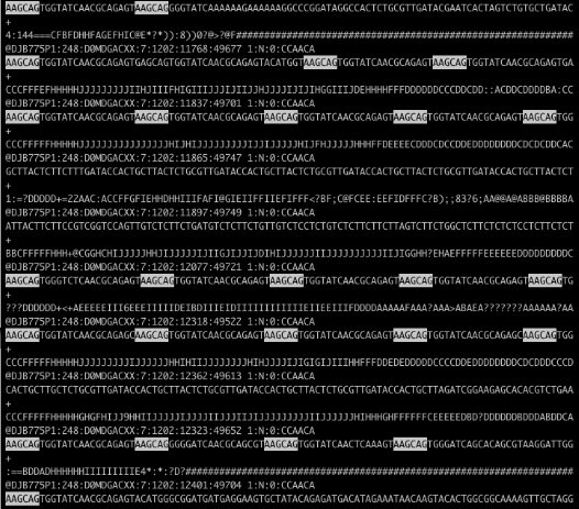 A severely contaminated file in less, with many contaminants highlighted